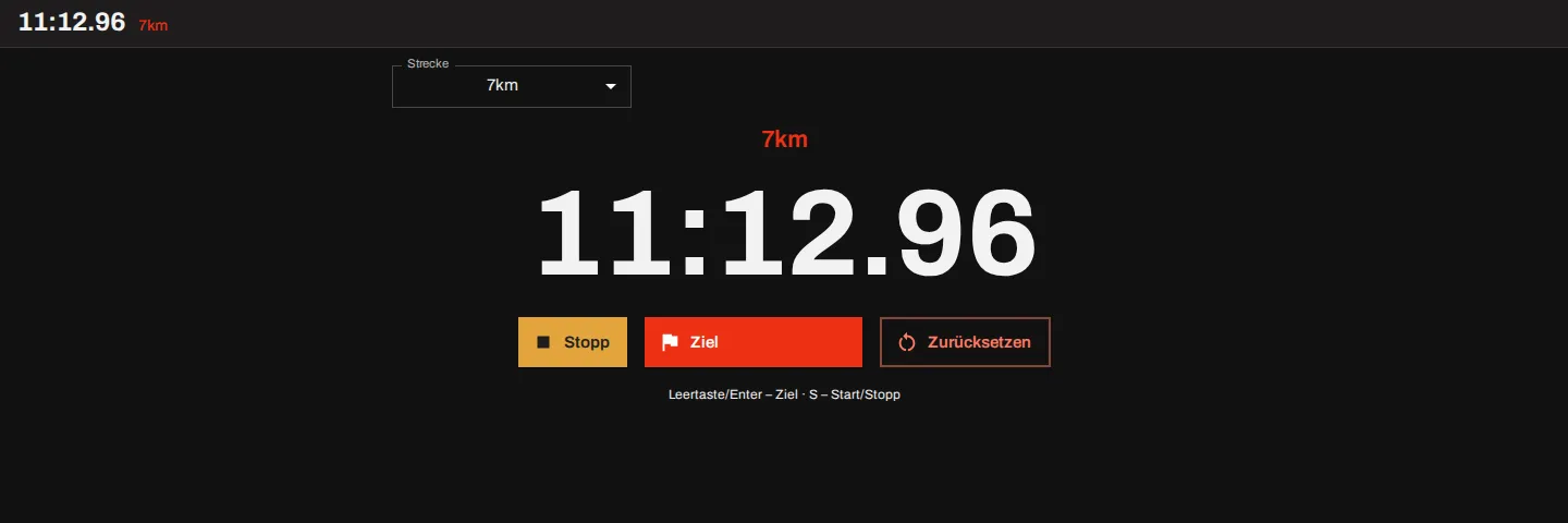 Kronodeck-Screenshot — Zeitnahme — die eingebaute Stoppuhr, während die Telefone der Kampfrichter dasselbe Zielprotokoll füllen.